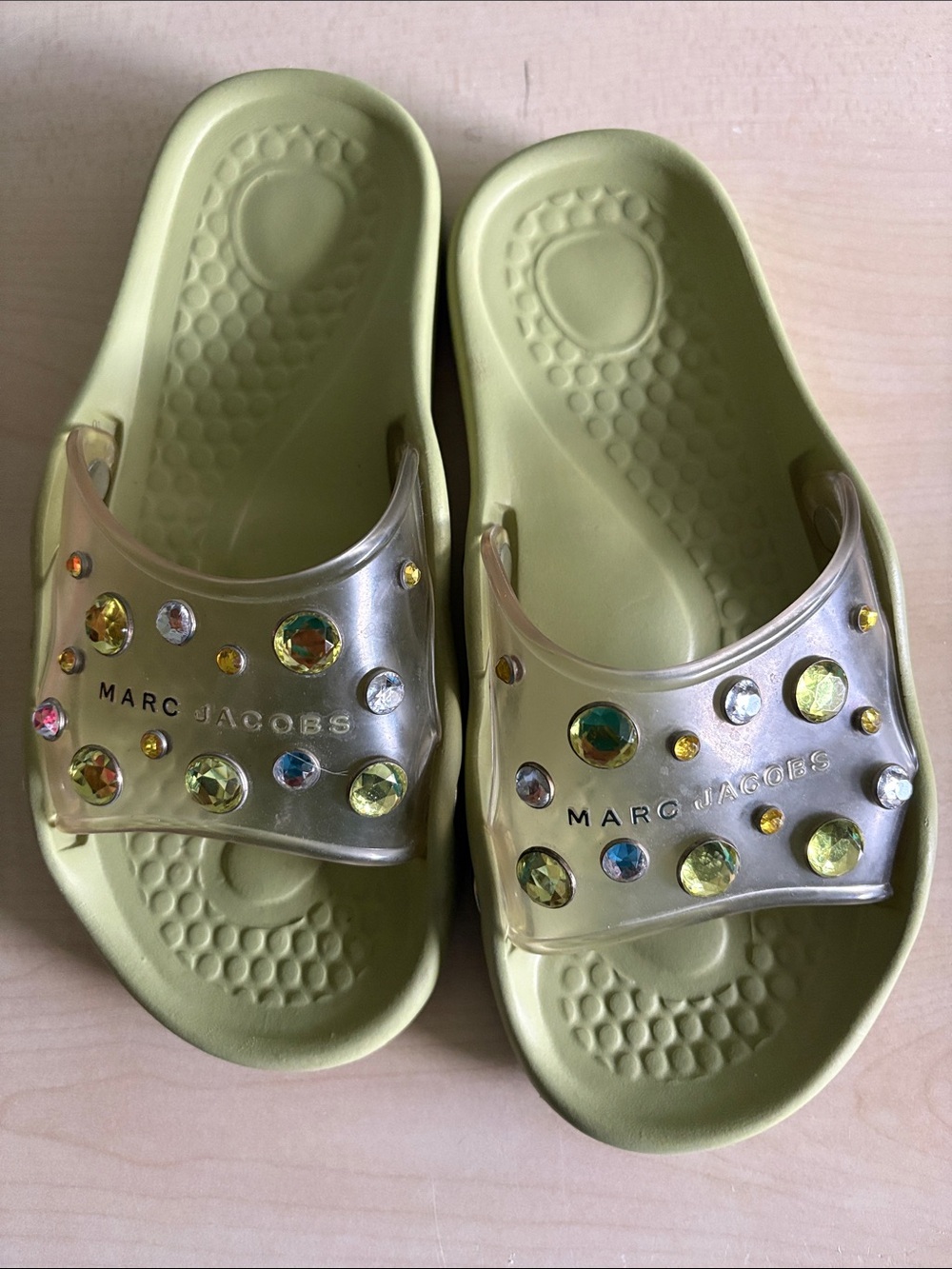 Marc Jacobs Lime Green Jeweled Slide Sandals with Clear Rhinestone Strap